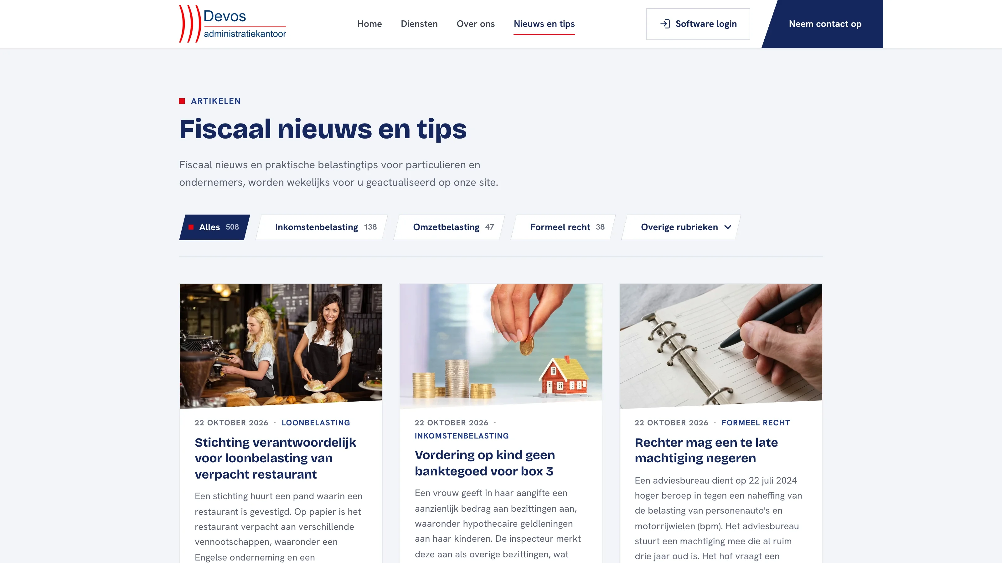 De pagina Fiscaal nieuws en tips van Administratiekantoor Devos, met artikelen per rubriek