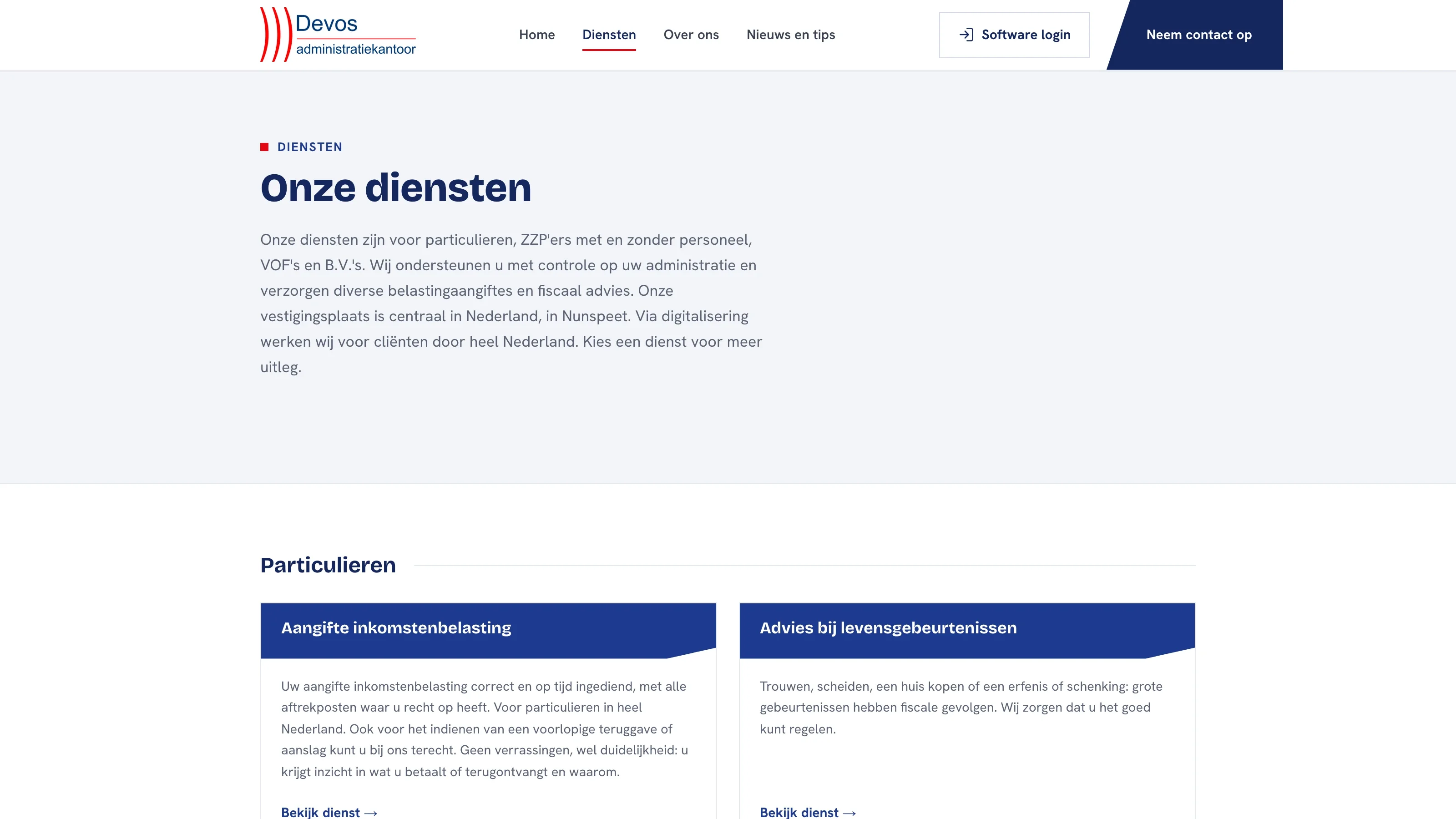 Het dienstenoverzicht van Administratiekantoor Devos