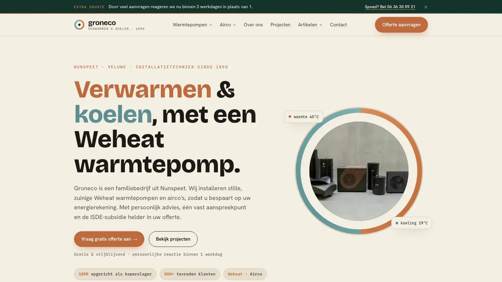 Homepage van groneco.nl met de kop 'Verwarmen & koelen, met een Weheat warmtepomp'