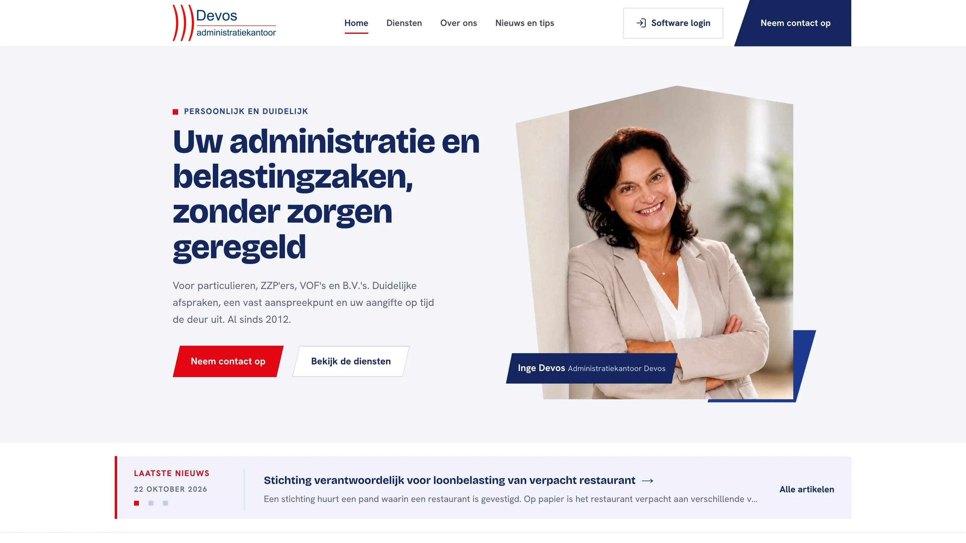 Homepage van Administratiekantoor Devos met de kop 'Uw administratie en belastingzaken, zonder zorgen geregeld'
