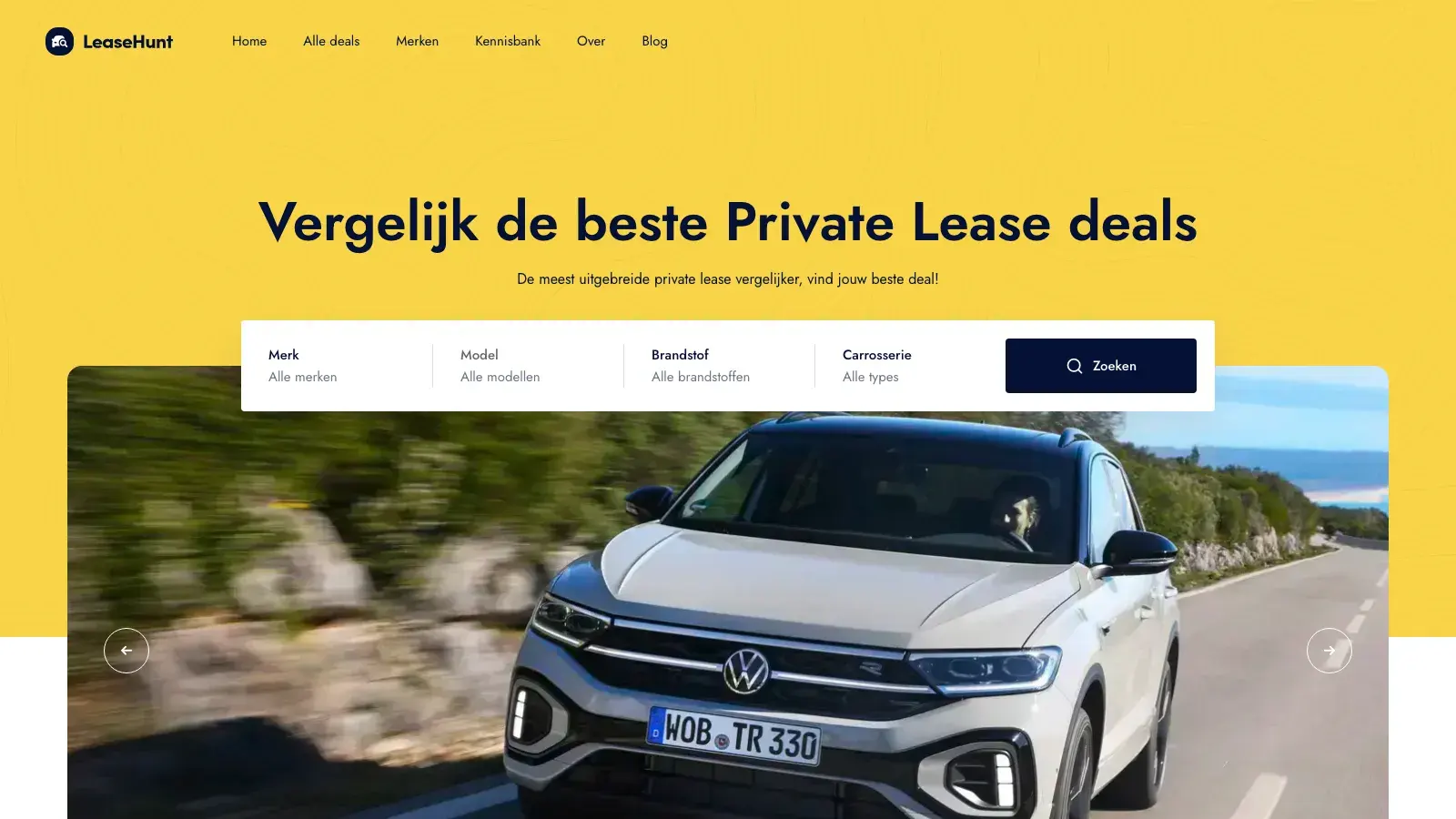 Homepage van LeaseHunt met het zoekfilter op merk, model, brandstof en carrosserie