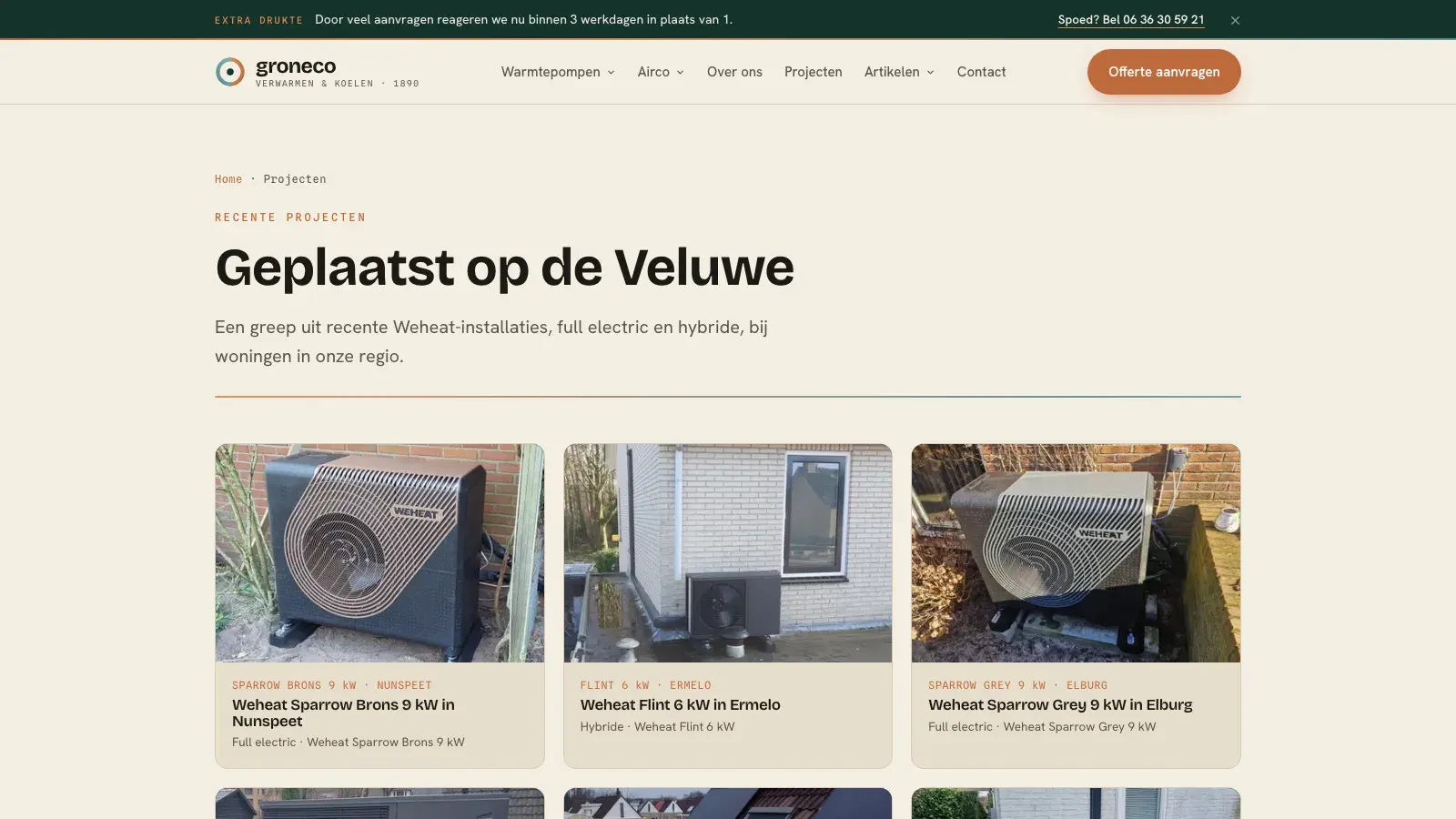 Het projectenoverzicht van groneco.nl met geplaatste warmtepompen per plaats